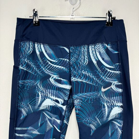 Nike Power Crop Racer Leggings Women Medium Blue Navy Wicking Dri-Fit Zip Pocket - Picture 2 of 9